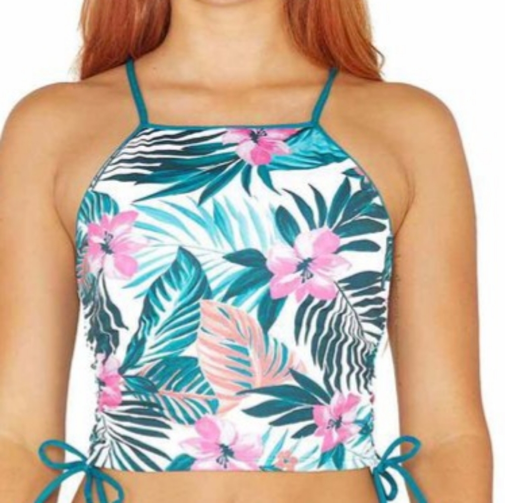 Hurley White Tropical Floral High-Neck Tank Swim Top with Teal Straps